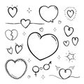 Vector collection of doodle outline cute hearts isolated on white background